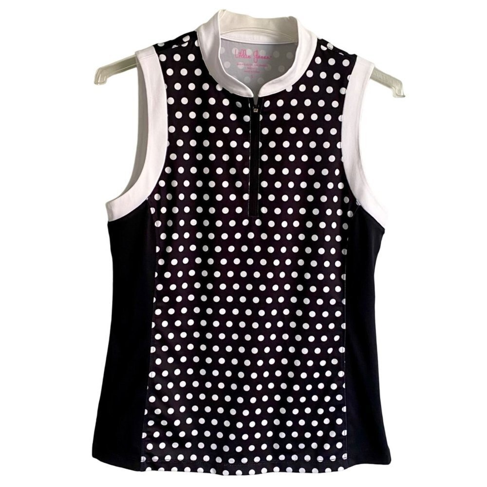 Lillie Green Sleeveless Quarter Zip Black White Polka Dot Top Women's Small NEW
